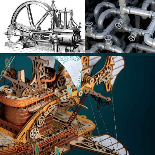 3D wooden puzzle of a fantastical spaceship with prominent gears and steam - pipe details, blending steampunk and space elements.