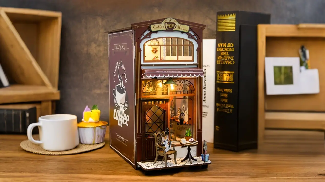 A miniature book nook kit of a coffee house with detailed