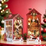 A pair of beautiful Christmas-themed book nooks decorated with holiday elements and miniature buildings, illuminated by LED lights, perfect for festive bookshelf decor.
