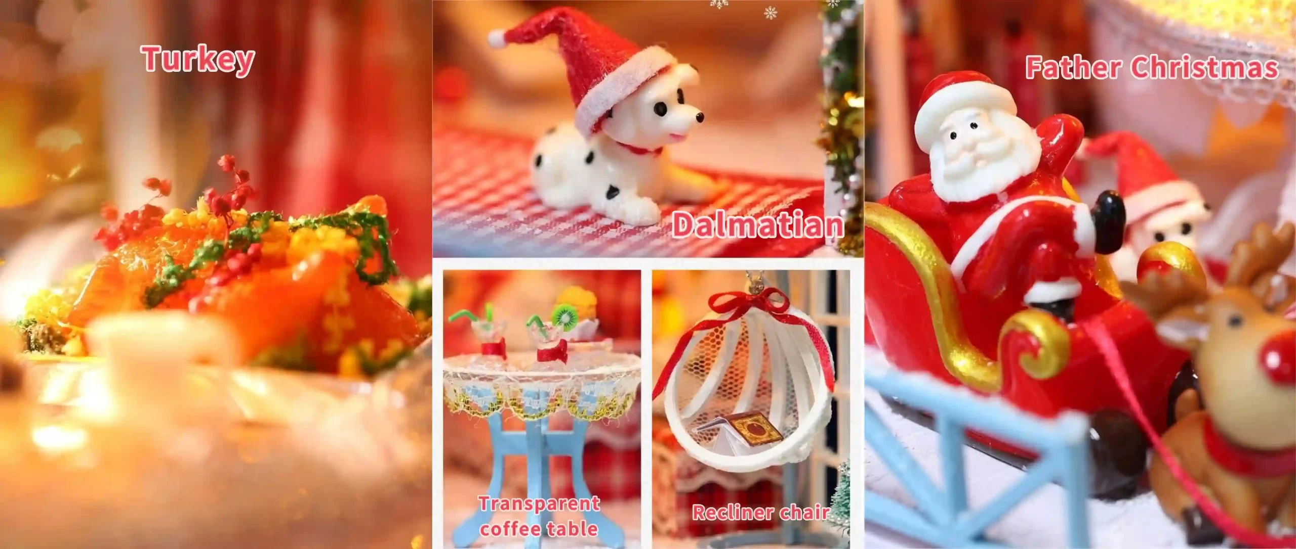 "A Christmas snowy night miniature dollhouse with detailed decorations including a roast turkey, Santa Claus with his sleigh, a Dalmatian with a Santa hat, a transparent coffee table with drinks, and a recliner chair with festive decor."