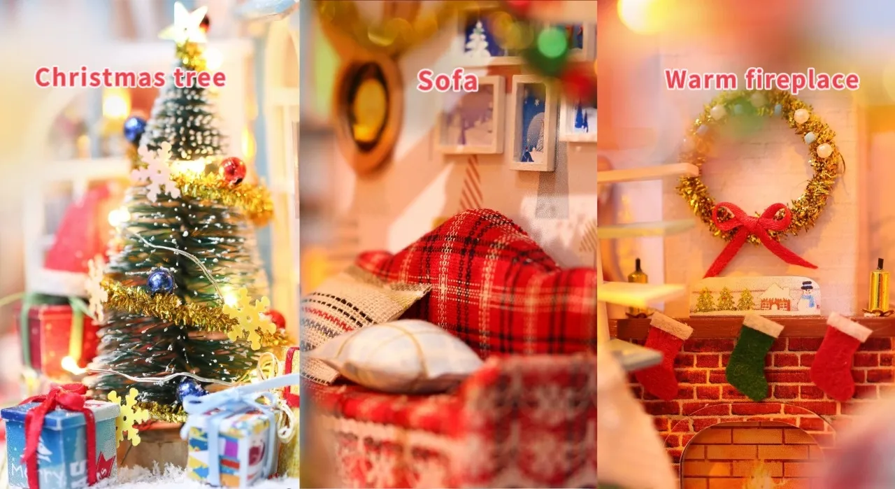 A Christmas snowy night miniature dollhouse with detailed decorations including a Christmas tree, sofa, and fireplace