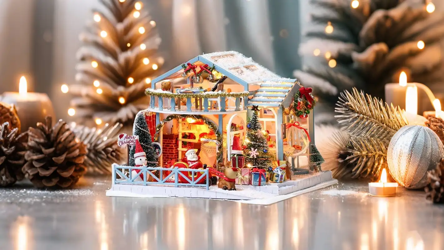 DIY Christmas Night miniature dollhouse with festive decorations, including Santa Claus, reindeer, gifts, and a lit Christmas tree.