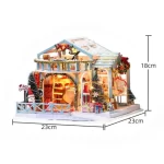 A Christmas snowy night miniature dollhouse, 23cm x 23cm x 18cm, decorated with Christmas trees, gifts, and a snowman, perfect for craft lovers.