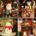 Detailed scenes from a Christmas wooderland diy miniature house, featuring a Santa, a snowman, and a fireplace, highlighting the fine craftsmanship and festive atmosphere