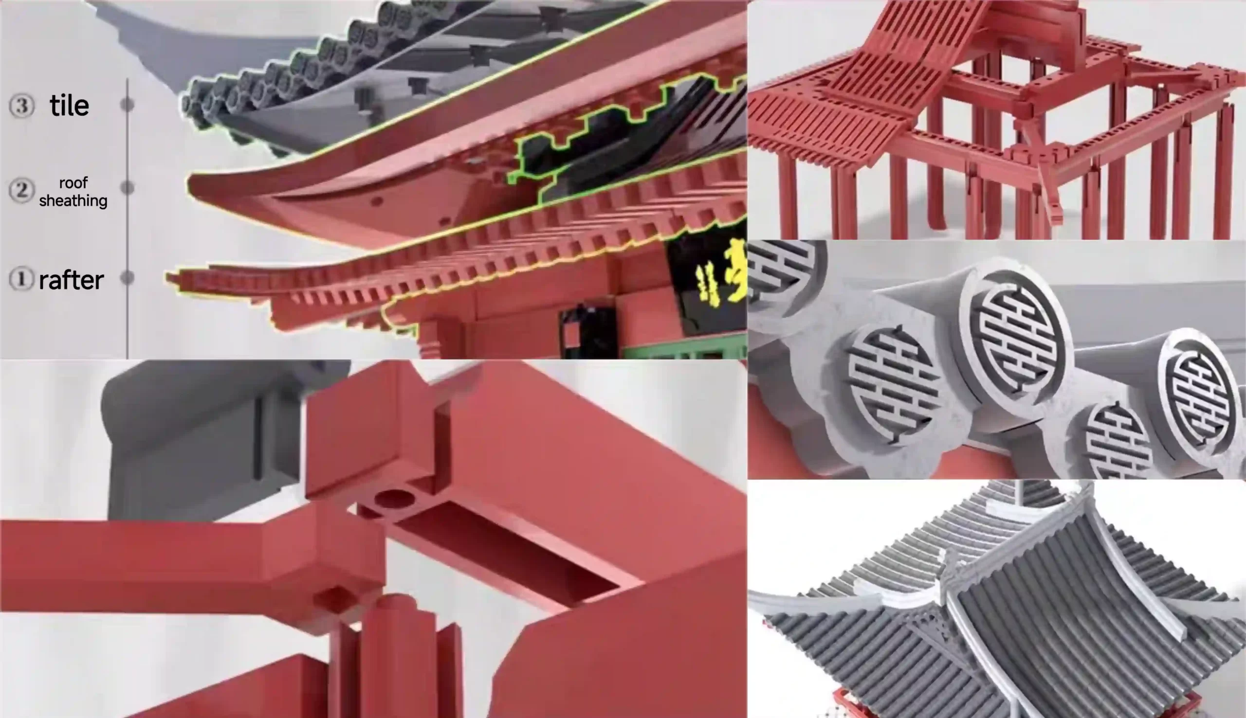 Detailed images of Drunk Weng Pavilion's parts: tiles, roof sheathing, rafters, and decorative elements.