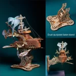 3D wooden puzzle of a fantastic spaceship, shown with a dual - purpose base stand for tabletop and wall - mount display.