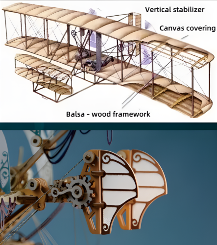 3D wooden puzzle of a fantastical spaceship featuring Double Vertical Tail and Horizontal Tailplane, with a mix of steampunk and old - school aviation design.