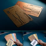 3D wooden puzzle of a fantastical spaceship, showing its various wooden accessory pieces before assembly.