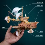 3D wooden puzzle of a fantastical spaceship with labeled parts including main mast, cabin, and flying wing.