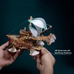 3D wooden puzzle of a fantastical spaceship, highlighting the aft - deck aircraft berthing platform, with intricate wooden and sail details.