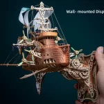 3D wooden puzzle of a fantastical spaceship shown as a wall - mounted display, featuring intricate wooden and gear details.