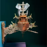 Completed 3D wooden puzzle of a fantastical spaceship, wall - mounted, with intricate gears, sails, and wooden details.