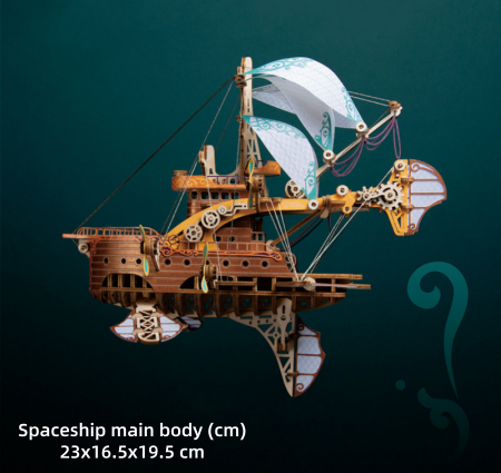 3D wooden puzzle of a fantastical spaceship, main body dimensions are 23x16.5x19.5 cm, featuring intricate designs