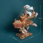 3D wooden puzzle of a fantastical spaceship, with dimensions 22 cm in height, 16.5 cm in width, and 22 cm in length, showcasing intricate details.