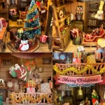 A detailed DIY book nook showcasing a Christmas cabin scene, including a snowman, gifts, a Christmas tree with ornaments, Santa Claus, and a "Merry Christmas" banner.