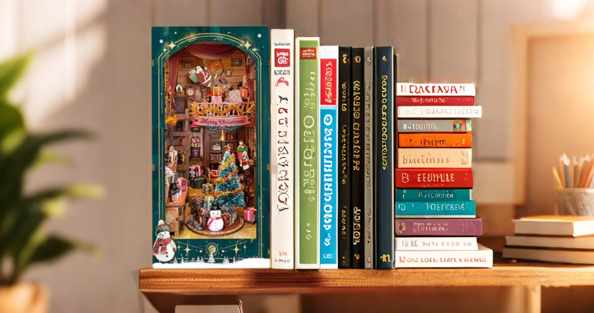 A festive DIY book nook kit featuring a Christmas-themed jingle cabin, complete with a snowman, gifts, a Christmas tree, and Santa sliding down the roof.