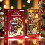 A Christmas-themed DIY book nook kit, designed to resemble a miniature Diagon Alley scene with festive decorations, lights, a snowman, and a Christmas tree, placed in a cozy window setting with snow falling outside.