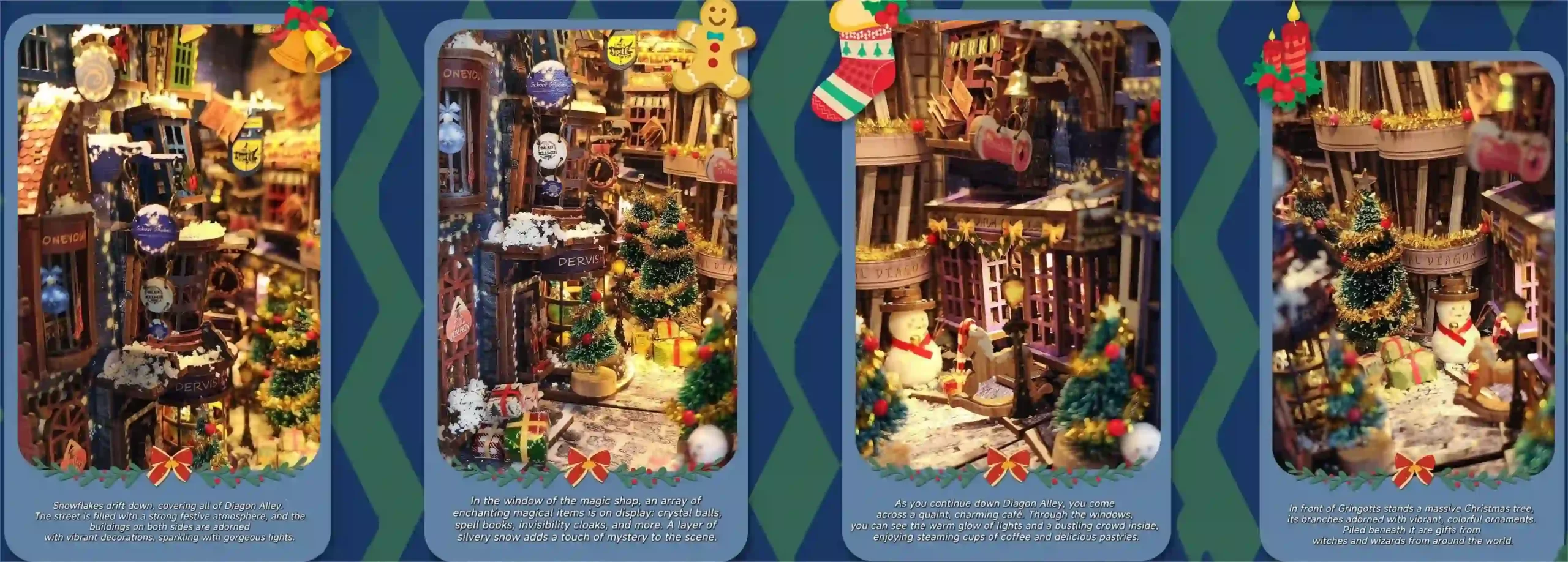 A DIY book nook kit for a merry Christmas, featuring a Diagonal Alley street scene with festive decorations, a creative space, and a dust cover for protection.