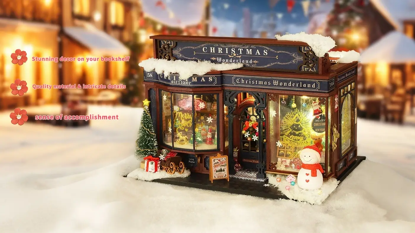 A detailed Christmas Wonderland DIY miniature house kit with festive decorations and a warm holiday ambiance.