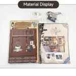 A display of the materials included in the coffee house DIY book nook kit, including pre - cut wooden pieces, decorative elements, and assembly instructions.