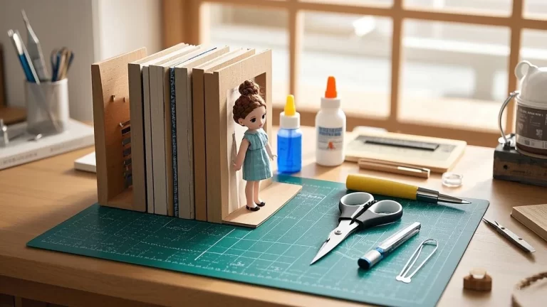 An image showing a scene of DIY booknook, with various handicraft tools and materials placed beside them.
