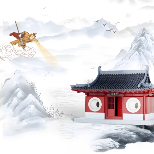 Journey to the West · Wukong Temple Mortise and Tenon Building|Rofuntime-Illustration of Sun Wukong flying towards Wukong Temple, a traditional Chinese building-DIY Wukong Temple model with mortise and tenon joints, inspired by ancient Chinese architecture