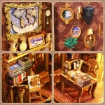Collage of close - up images of a DIY book nook kit, showing a world map, framed pictures, vases, bookshelves, an easel with a painting, and a desk with books.