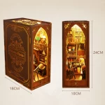 Shows a closed box with ornate design and an open view revealing a miniature library with shelves, books, and decor. Dimensions are 18CM in length, 10CM in width, and 24CM in height.
