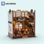 A beautifully detailed DIY miniature house featuring a European vintage bookstore design, with warm lighting, intricate bookshelves, and a cozy reading atmosphere.