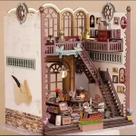 A detailed DIY miniature house representing a magic book store, featuring two - level architecture, bookshelves, a staircase, framed pictures, and warm lighting.