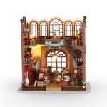 A beautifully detailed DIY miniature house featuring a European vintage bookstore design, with warm lighting, intricate bookshelves, and a cozy reading atmosphere.