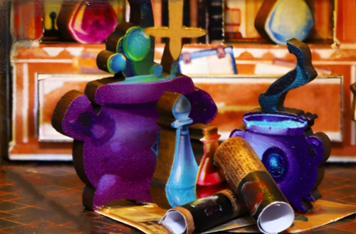 Magic Spirit Cottage DIY Miniature House|Rofuntime- Close-up of a purple cauldron and a blue bottle