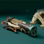 A part of the completed 3D wooden puzzle with a steampunk aesthetic, featuring dark brown, black, and teal wooden elements, gears, and decorative patterns.