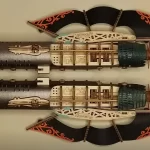 Two perspectives of a completed 3D wooden puzzle shaped like a sci - fi mechanical ship, featuring black, brown, teal, and orange components with intricate patterns.