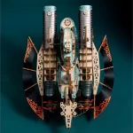 A detailed 3D wooden puzzle of a steampunk-style submarine with tall twin chimneys, intricate golden accents, propellers, and a curved metallic frame, set against a deep teal background.