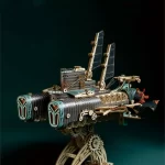 A completed 3D wooden puzzle of a steampunk - style mechanical ship, featuring cylindrical parts with unique patterns, sails - like structures, and interlocking gears at the base.