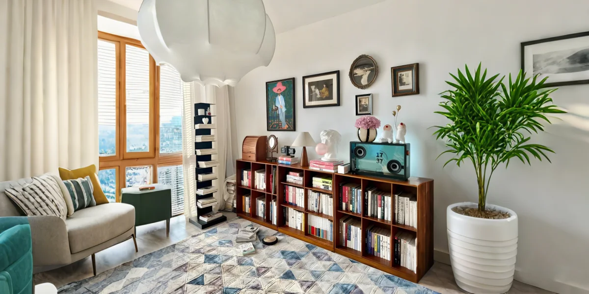 An indoor space with a wooden bookshelf, a multi - tiered white bookshelf, decorative paintings, a vintage radio, and other decorative items