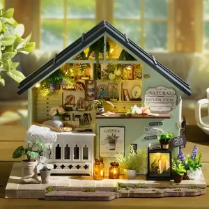 DIY miniature "Natural Store" dollhouse filled with plants and vintage decor.