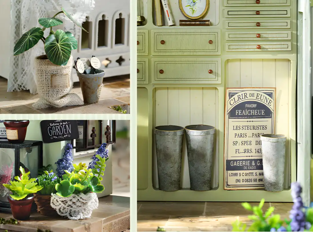 Collage showcasing various miniature plant displays and furniture details within the dollhouse.
