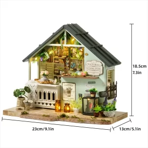 Plants Studio DIY Miniature Dollhouse with dimension markings (23cm width, 18.5cm height, 13cm depth).
