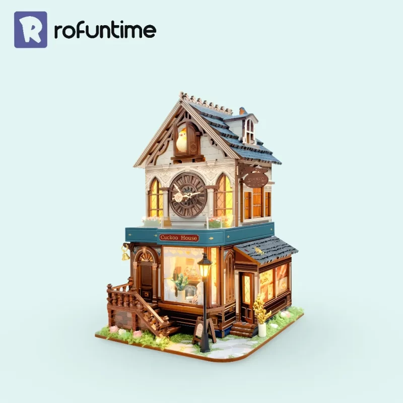 Front view display of the Rofuntime Cuckoo House 3D Wooden Clock Kit Puzzle.