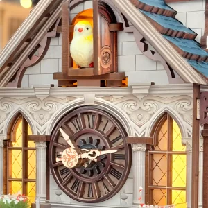 Close-up of the Cuckoo House clock mechanism and bird.