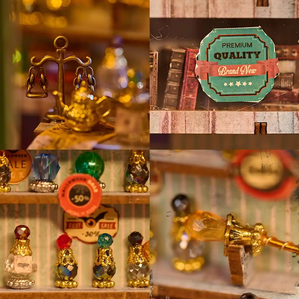 A four-panel collage showing close-up details of the Magic Shop Book Nook Kit's interior: a golden scale, a "Premium Quality" sign, miniature potions and sale tags, and a magical wand.