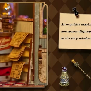 A close-up of miniature newspapers displayed inside the window of the Magic Shop Book Nook Kit, with a note explaining "An exquisite magical newspaper displayed in the shop window" and other small magical accessories.