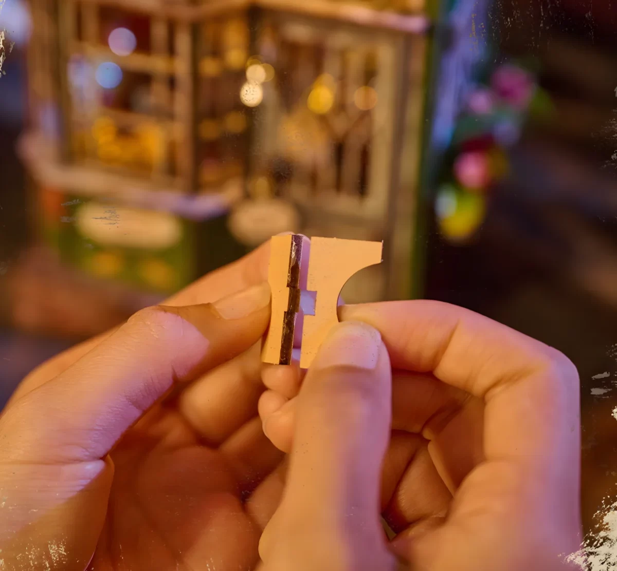 Hands assembling a small, two-toned accessory piece for the Magic Shop Book Nook Kit.