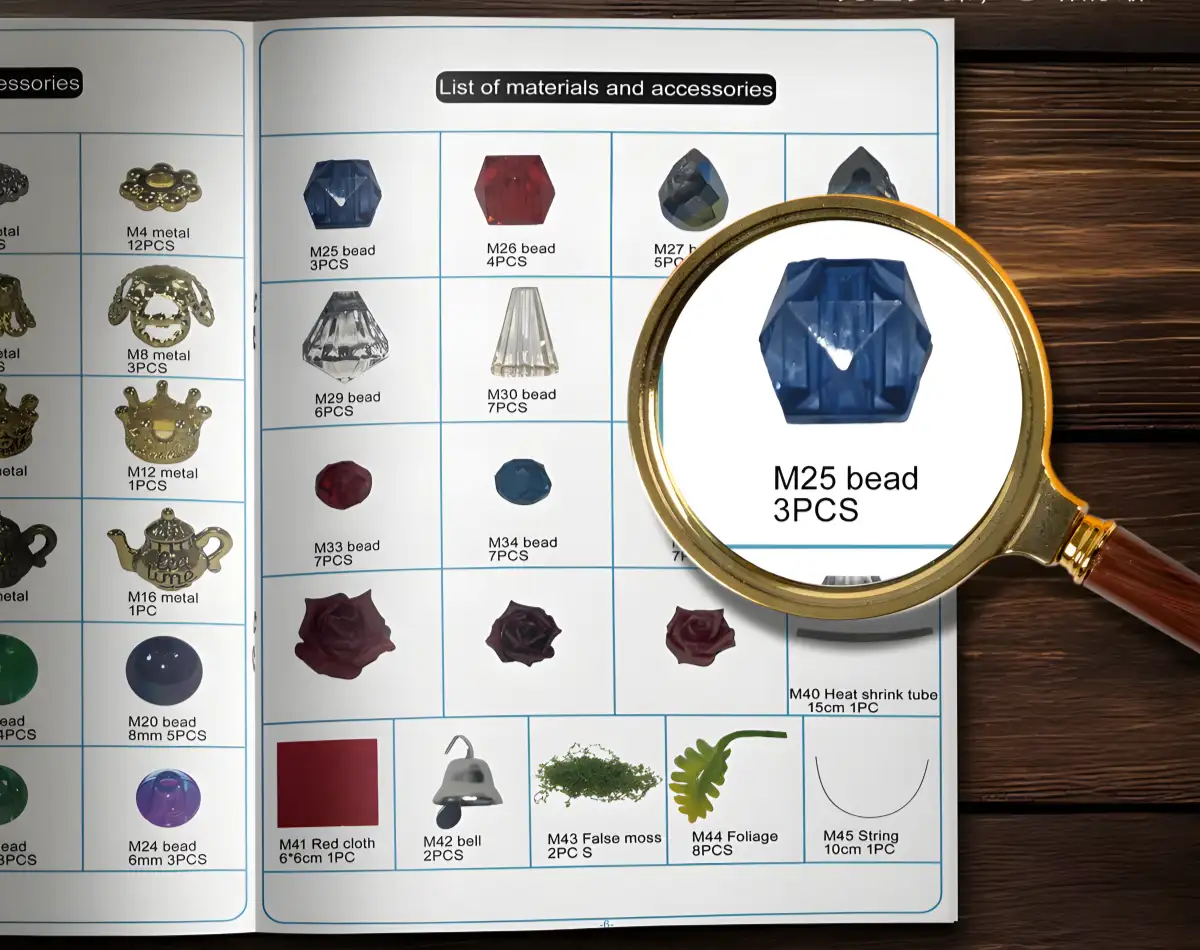 A page from the Magic Shop Book Nook Kit's instruction manual, showing a list of materials and accessories with a magnifying glass highlighting "M25 bead 3PCS".