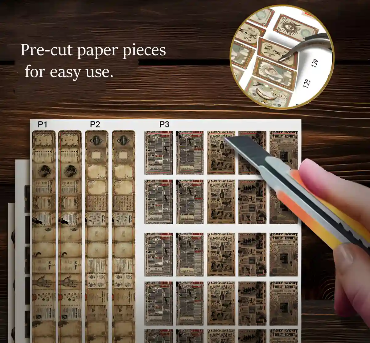 Sheets of pre-cut paper accessories for the Magic Shop Book Nook Kit, with a craft knife shown and a magnifying glass over small intricate paper pieces.