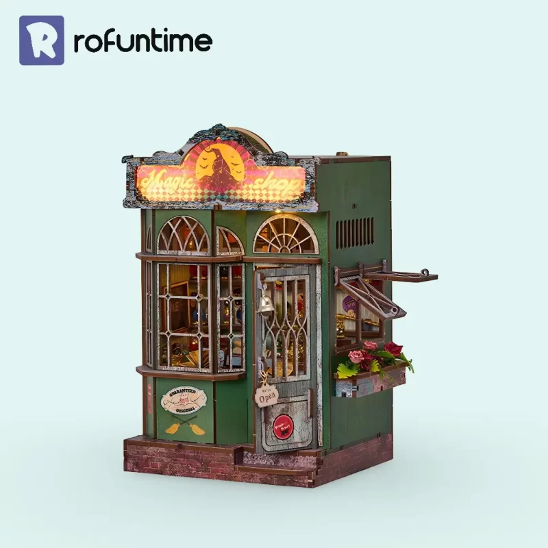 Full view of the Rofuntime Magic Shop Book Nook Kit, a detailed green miniature shop with illuminated 