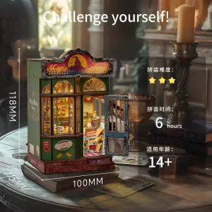 The assembled Magic Shop Book Nook Kit on a table, with dimensions of 118mm height, 100mm width, and 115mm depth, showing assembly difficulty (3 stars), time (6 hours), and age recommendation (14+).