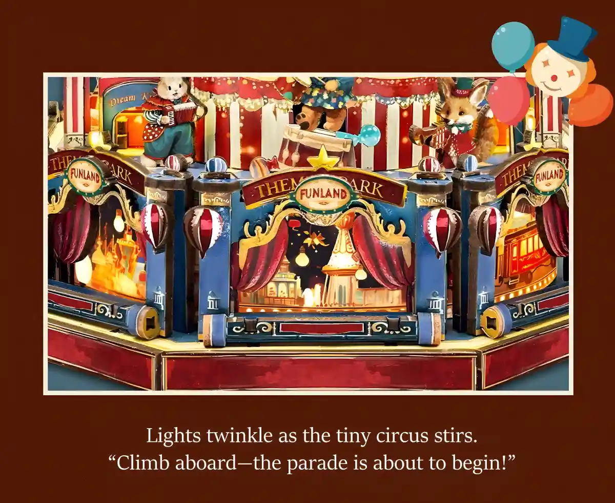 A detail of the Rofuntime Century Ferris Wheel 3D wooden puzzle, showing a miniature circus scene with lighting effects and a "THE FUNLAND PARK" sign.